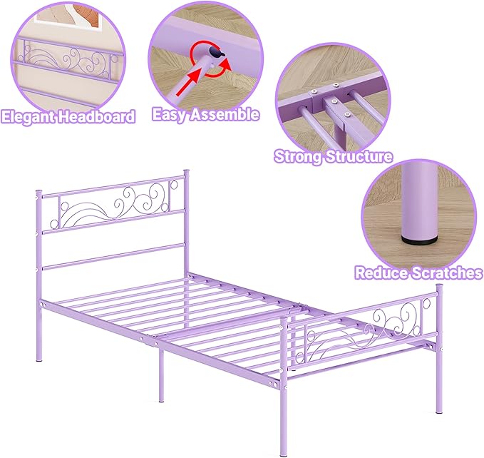 Weehom Twin Bed Frames with Headboard, Metal Platform Bed Heavy Duty Steel Slat Under Bed Storage for Kids Purple