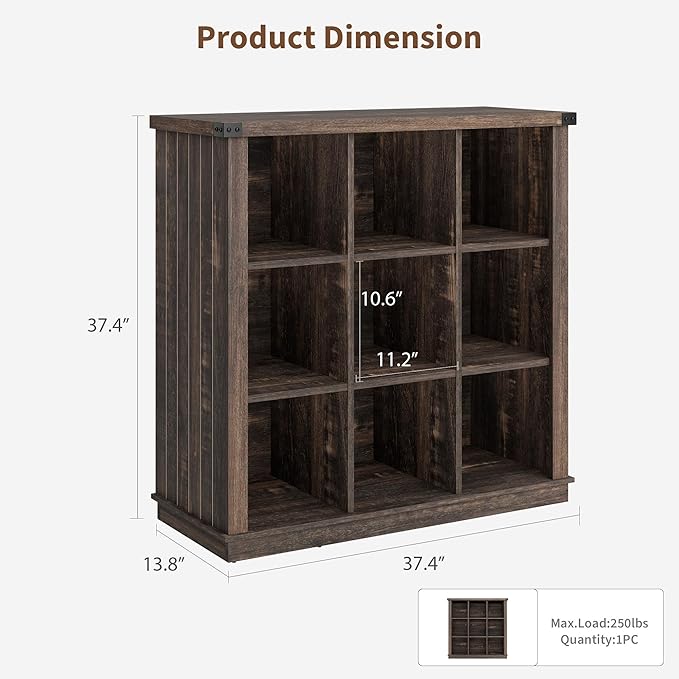 GarveeHome 9 Cube Storage Organizer Bookshelf, 4 Tier Farmhouse Horizontal Bookcase, 37.4 Inch Wood Storage Bookcase for Entryway, Long Low Bookshelves for Living Room-Black Oak