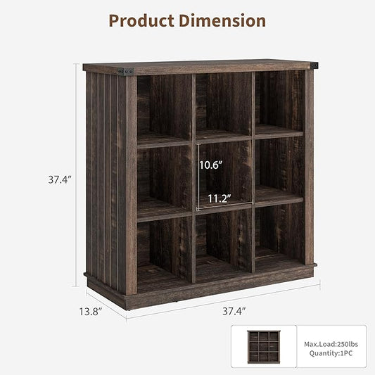 GarveeHome 9 Cube Storage Organizer Bookshelf, 4 Tier Farmhouse Horizontal Bookcase, 37.4 Inch Wood Storage Bookcase for Entryway, Long Low Bookshelves for Living Room-Black Oak