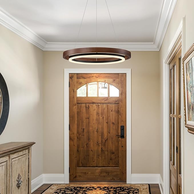 Modern LED Wooden Chandelier, 24" Dimmable 1-Ring Round Farmhouse Walnut Color Circular Dining Room Light Fixtures for Entryway Kitchen Foyer Living Room