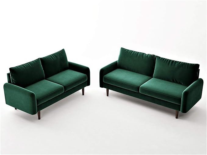 Container Furniture Direct Americus Velvet Upholstered Sofa and Loveseat Set, Couches for Living Room with Luxurious Mid Century Modern Design and Wooden Base, 2 Piece, Green