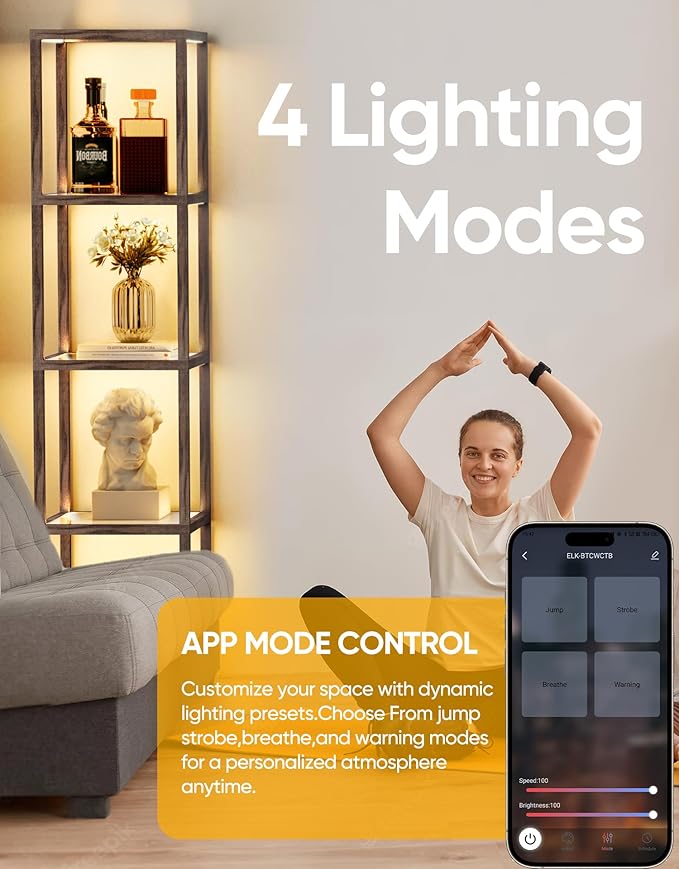 PARTPHONER Floor Lamp Glass Display Shelf with Remote/APP Control, Dimmable LED Floor Lamp with Shelves, Open Display Cabinet, Color Temp Control (2700K-6000K), Oak Gray