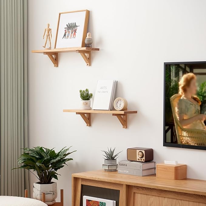 Floating Shelves Oak 24 inches Natural Wood Wall Shelf Wall Mounted Rustic Floating Shelf with Brackets for Bedroom Living Room Bathroom Kitchen Office Wall Storage Shelf