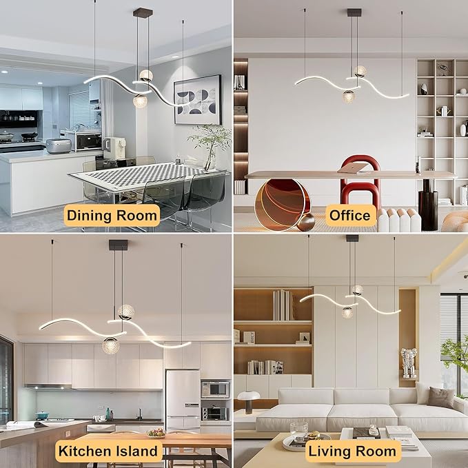 Modern LED Globe Pendant Light, 39in Dimmable Black Hanging Chandelier Light Fixture, 2-Wave Kitchen Pendant Lighting Over Island, Dining Room Lights Ceiling Hanging Over Table (2-Bulb)