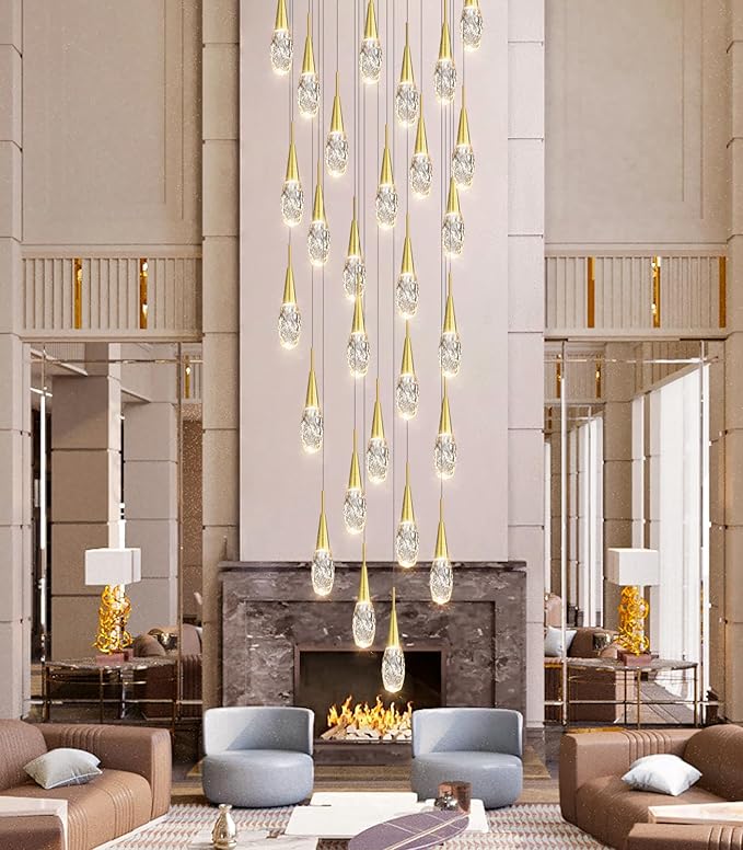 28-Lights 177 Inches Modern Chandelier LED Light Fixtures High Ceiling Long Light Chandelier for Entrance Foyer Dimmable Lights with Remote Living Room Ceiling Pendant Lighting Drop Lights Shine Gold