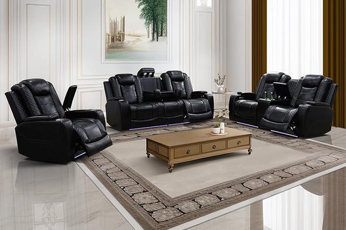 A Ainehome Power Leather Recliner Sofa Set with LED Lights, Recliner Sofa Sectional Couches for Living Room, Reclining Sofa, loveseat, Chair with USB Port/Storage Console/Cup Holder(black,3-piece set)