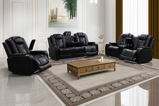 A Ainehome Power Leather Recliner Sofa Set with LED Lights, Recliner Sofa Sectional Couches for Living Room, Reclining Sofa, loveseat, Chair with USB Port/Storage Console/Cup Holder(black,3-piece set)