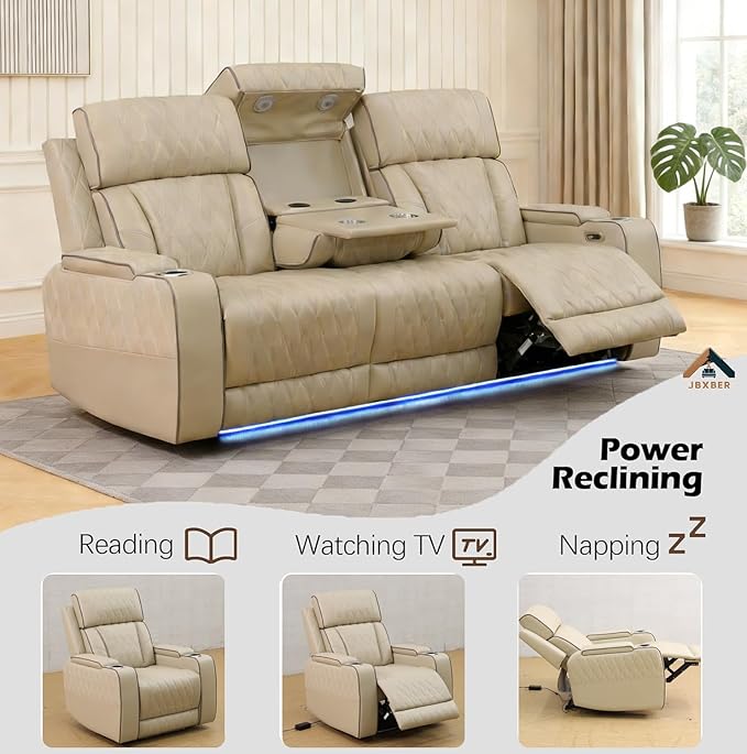 Power Reclining Sofa Set for Living Room, Leather Recliner Couch and Chair with Drop-Down Table, Power Pads, Reading Lights for House/Home Teather(Sofa and Chair, Beige)