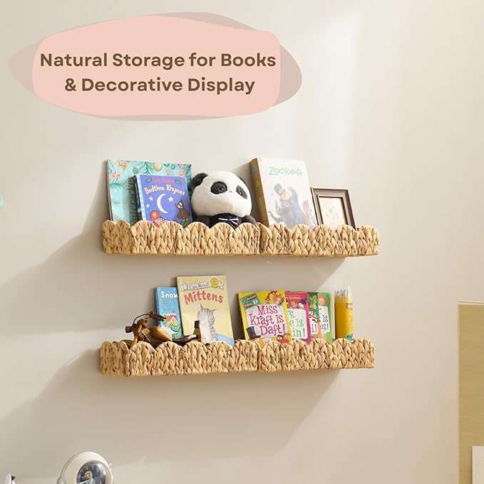 4 Pack Nursery Book Shelves, Scalloped Water Hyacinth Book Shelf for Kids Rooms, Handwoven Floating Book Shelves for Wall, 15.8” Wicker Hanging Bookshelf for Books, Toys, Photo Frames, Nursery decor