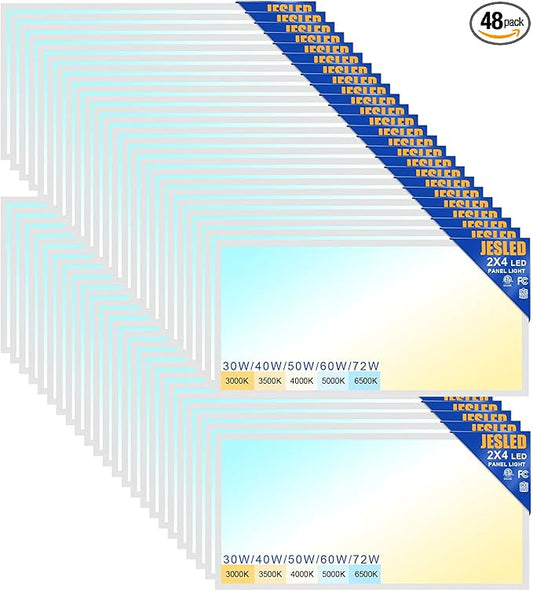 JESLED 48Pack 2x4 led Flat Panel Light, 10800LM, Drop Ceiling Lights Fixture for Office Shop Garage Basement Laundry, 30W/40W/50W/60W/72W Selectable, 5CCT Switchable, 0-10V Dimmable, DLC ETL Listed
