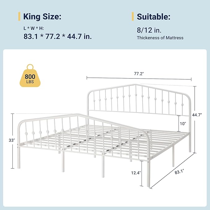 Allewie King Size Metal Platform Bed Frame with Vintage Headboard and Footboard, No Box Spring Needed, Easy Assembly, White