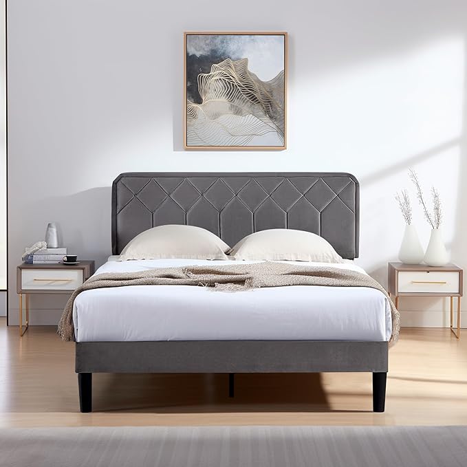 VECELO Queen Size Bed Frame, Velvet Upholstered Platform with Adjustable Headboard, Mattress Foundation with Solid Wood Slats, No Box Spring Needed, Easy Assembly