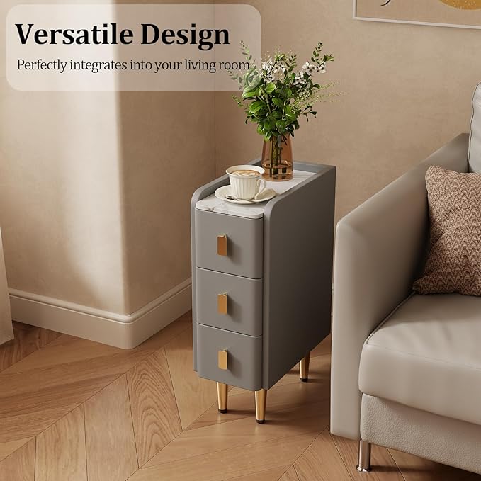 AQIMUELE Narrow Nightstand with Drawers, Narrow Side Table Leather, Small Bedside Tables for Bedroom. (Dark Gray)