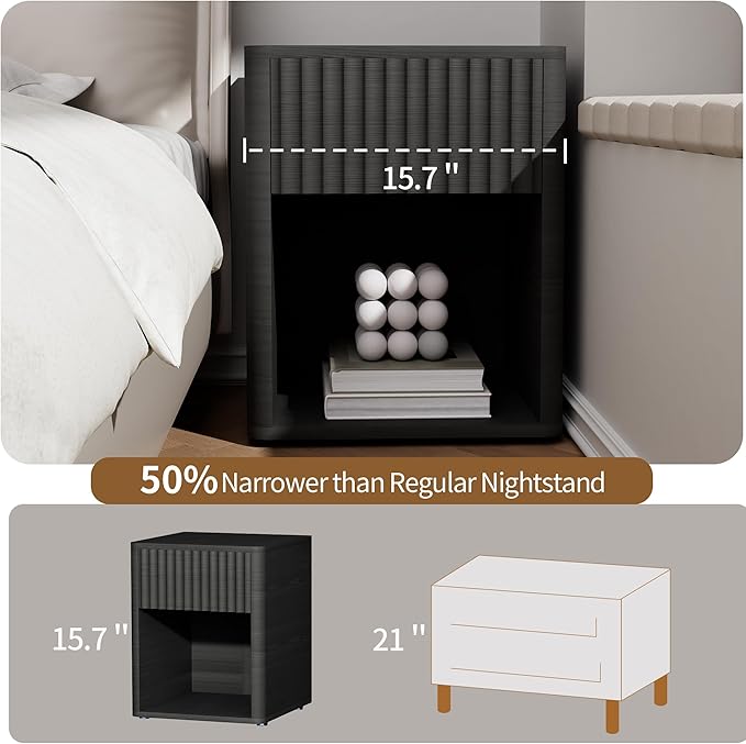 VICITON Fluted Narrow Night Stand,Thin Nightstand with Leather Surface, Small End Table with Storage, Living Room/Bed Side Table for Small Spaces (Dark Gray, Large)