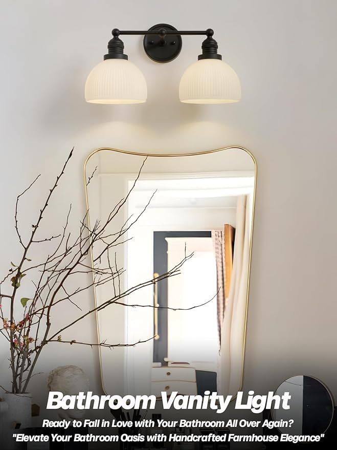 2-Light Wall Sconces,Black Double Bathroom Vanity Light with Milk Glass Minimalist Farmhouse Wall Sconce Light Lamp for Bathroom Mirror Living Room Bedroom Kitchen E26 Hardwire Indoor