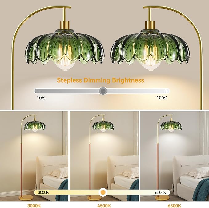 Wood Floor Lamps for Living Room,Gold Floor Lamp with Remote Control & Glass Lampshade,Arc Flower Lamp Dimmable Mid Century Modern Standing Lamp Vintage Brass Tall Floor Lamp For Bedroom Corner