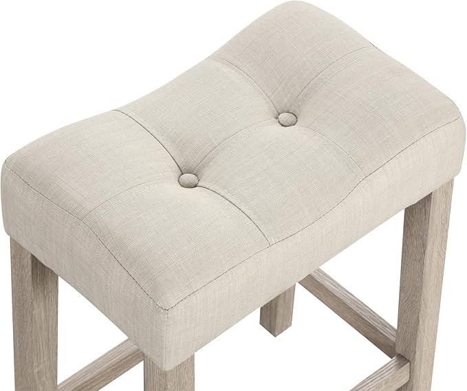 ERGOMASTER 24” Counter Height Saddle Stools, Upholstered Bar Stools, Solid Rubber Wood, Button-tufting Seat, Light Beige/Light Wood, Set of 4