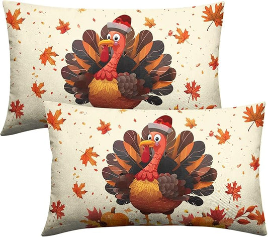 Thanksgiving Pillow Covers 12x20 Set of 2 Turkey Maple Leaves Pumpkin Lumbar Pillow Case Seasonal Fall Harvest Farmhouse Cushion Case for Outdoor Couch Patio