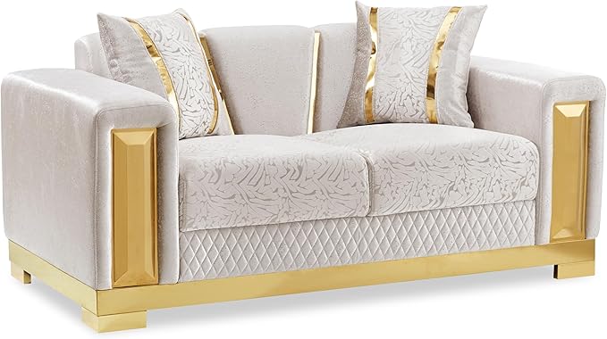 Furniture of America Samison II Glam Solid Wood Upholstered Loveseat with Accent Pillows, Damask Pattern and Gold Base, Soft Couch for Living Room, Bedroom, Office, Beige