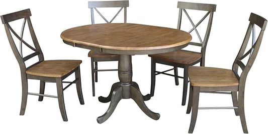 IC INTERNATIONAL CONCEPTS 36" Round Wood Extension Dining Table with 4 Chairs in Hickory/Washed Coal