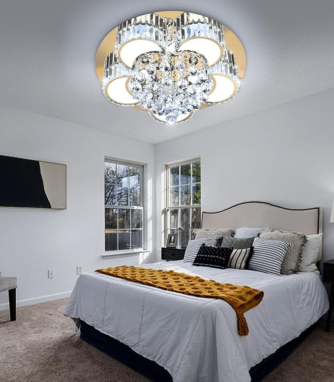 23.6'' Gold Modern Crystal Chandeliers for Dining Room LED Dimmable Light Fixtures Flush Mount Light Living Room Bedrooms