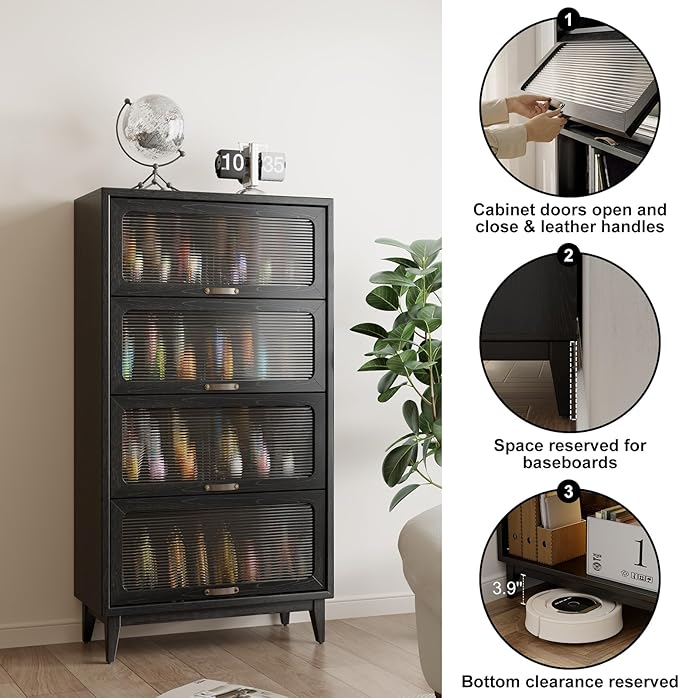 60'H Solid Wood Bookcase,4 Tier Tall Black Book case with Doors, Display Cabinet Storage Shelves for Collectibles, Living Room Bedroom Home Office Kitchen