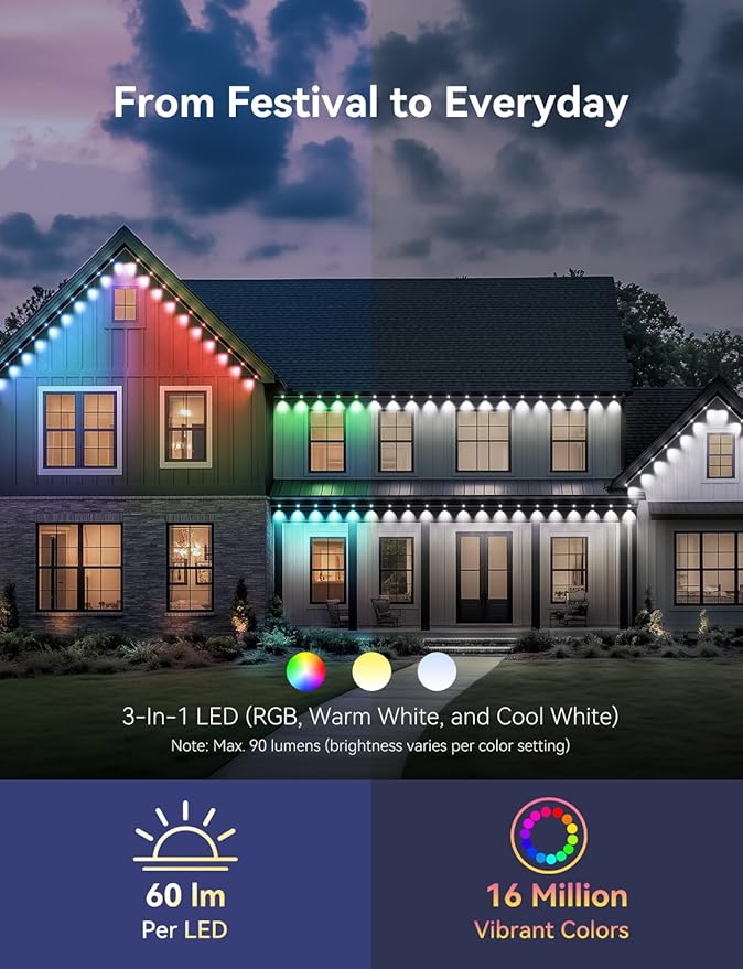 Permanent Outdoor Lights for House, RGB+IC IP67 Waterproof Smart Eave Lights 150ft with 108 LED, Eternity Lighting for Holiday Daily Decor, Work with Remote, APP