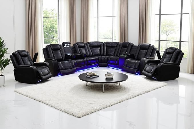 Power Reclining Sectional Sofa Set, Living Room Furniture Sets, Leather Recliner Corner Couches and 2 Chairs, Power Recliner Sectional with Cup Holder/Storage Console for Living Room