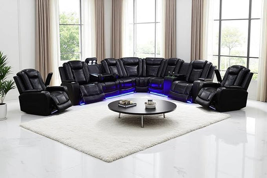 Power Reclining Sectional Sofa Set, Living Room Furniture Sets, Leather Recliner Corner Couches and 2 Chairs, Power Recliner Sectional with Cup Holder/Storage Console for Living Room