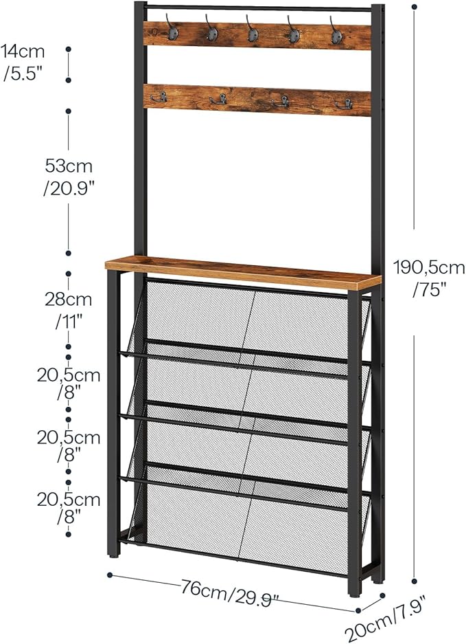 HOOBRO Hall Tree with Bench, Narrow Shoe Rack with Coat Rack, Coat Rack with Shoe Storage, 5 Tier Slanted Shoe Storage Organizer, Coat and Shoe Rack Entryway, Slim Hall Tree, Rustic Brown BF20MT01