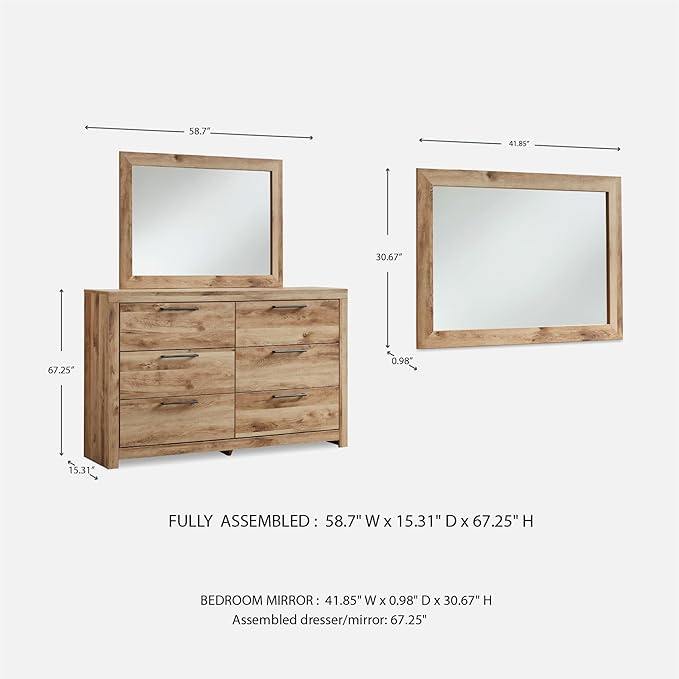 Signature Design by Ashley Hyanna Rustic Smooth-Gliding 6-Drawer Dresser and Mirror with Safety Stop, Light Brown