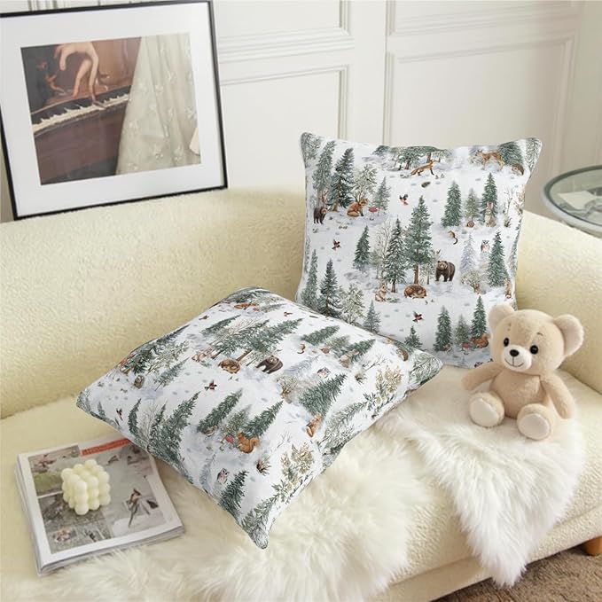 Winter Pillow Covers 22x22 Set of 2 Vintage Rustic Forest Pine Tree Snow Animals Print Xmas Holiday Throw Pillow Case Farmhouse Christmas Decoration Cushion Cases for Home Couch Sofa