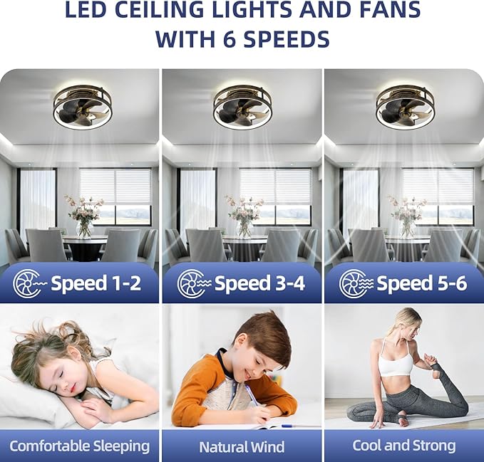 Small Ceiling Fans with Lights with Remote 13" Low Profile Flush Mount Modern Fandalier LED Smart Light Fan,Modern Lighting Fans for Bedroom Living Room (Black Golden)