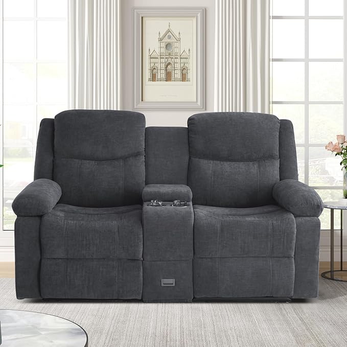 Loveseat Recliner Sofa with Massage & Heating, Reclining Loveseat with Console, RV Wall Hugger Double Loveseat Recliner Couch for Living Room & Home Theater (Chenille-Grey)