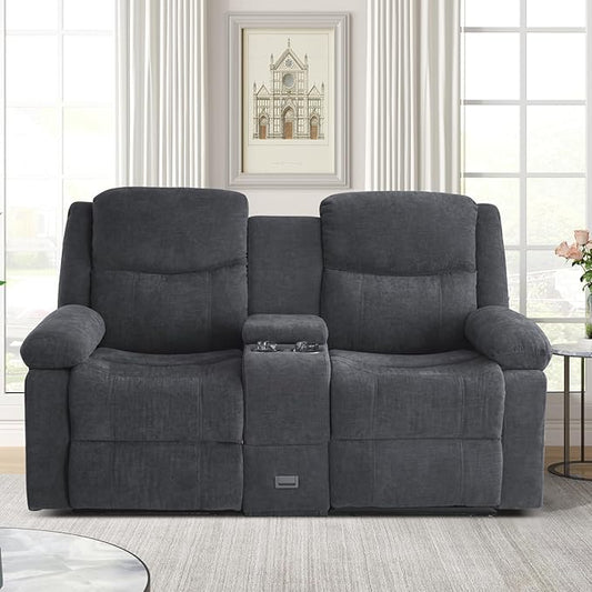 Loveseat Recliner Sofa with Massage & Heating, Reclining Loveseat with Console, RV Wall Hugger Double Loveseat Recliner Couch for Living Room & Home Theater (Chenille-Grey)