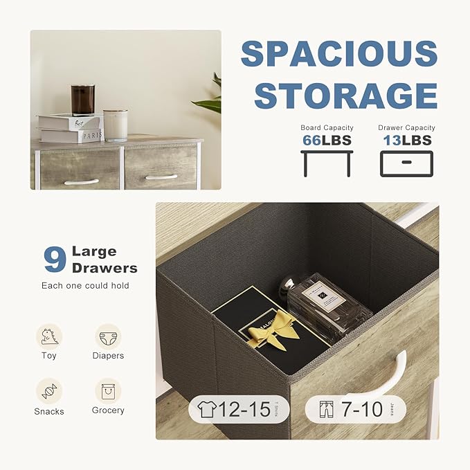 DUMOS 9 Drawer Dresser for Bedroom, Fabric Storage Organizer with Sturdy Metal Frame, Wooden Top Chest of Drawers for Closet Entryway Guest Room,Gold