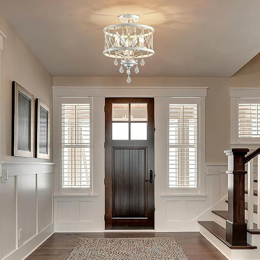 Farmhouse Crystal Ceiling Light Fixture, 3-Light Semi Flush Mount Crystal Chandelier Light Fixture Rustic Vintage White Pendant Ceiling Lamp for Hallway Corridor Kitchen Entryway Bedroom Living Room