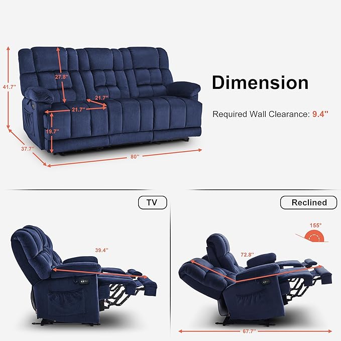 MCombo Zero Gravity Power Recliner Sofa with Drop Down Table, Heat and Vibration Massage, 3 Seater Dual Reclining Couch with USB Ports, Cup Holders for Living Room, Fabric RS6236 (Navy Blue)