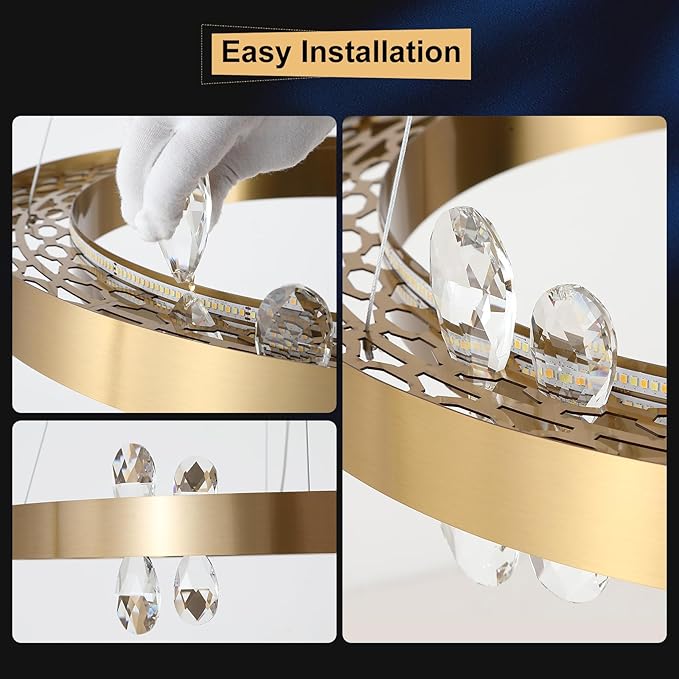 Gold Crystal Chandelier Modern LED Chandeliers 19’’ Round LED Pendant Light Fixture Dimmable Flush Mount Chandelier for Dining Room Foyer Living Room, UL Listed