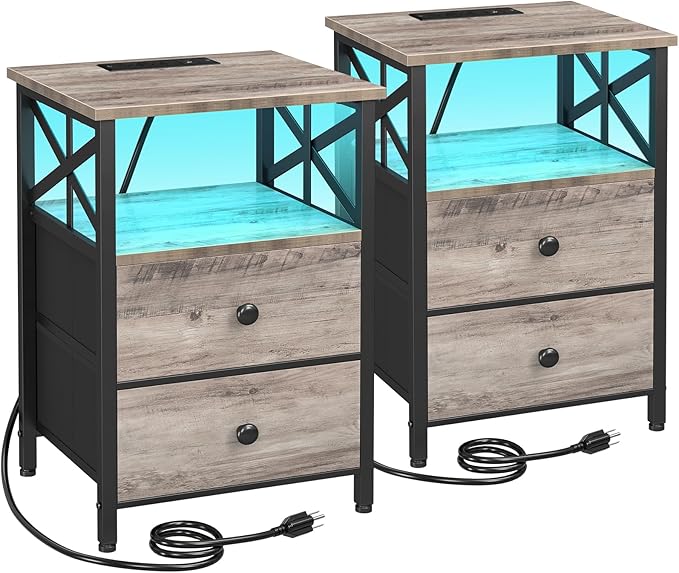 AMHANCIBLE Night Stand Set of 2 with Charging Station and LED Lights, Large 2-Drawer Bedside Tables with USB Ports and AC Outlets, Modern Nightstand for Bedroom, Grey, HET052LGY