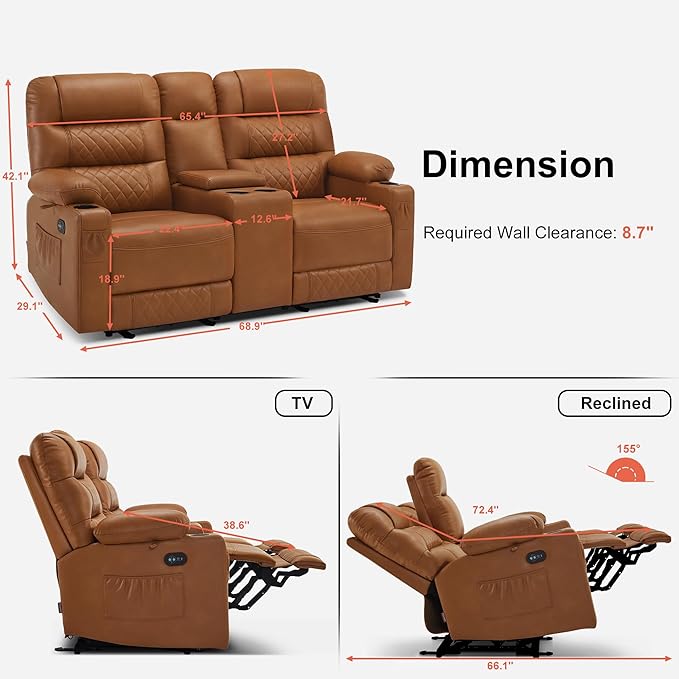 MCombo Zero Gravity Power Loveseat Recliner with Console, Heat and Vibration Massage, Reclining Loveseat Sofa with USB Ports, Cup Holders for Living Room, Faux Leather PR622Sets (Saddle)
