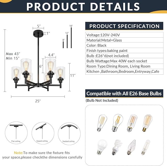 Black Chandelier, 6 Light Farmhouse Chandeliers for Dining Room Light Fixtures Over Table, Industrial Hanging Lighting with Clear Glass Shade for Living Room Kitchen Island Bathroom Entryway Bedroom