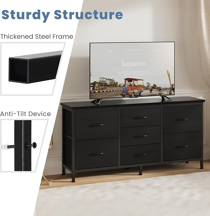 DUMOS TV Stand 7 Drawer Dresser for Bedroom with Storage TV Stands for Living Room Black, Farmhouse Entertainment Center Media Console Table with Metal Frame Adjustable Feet