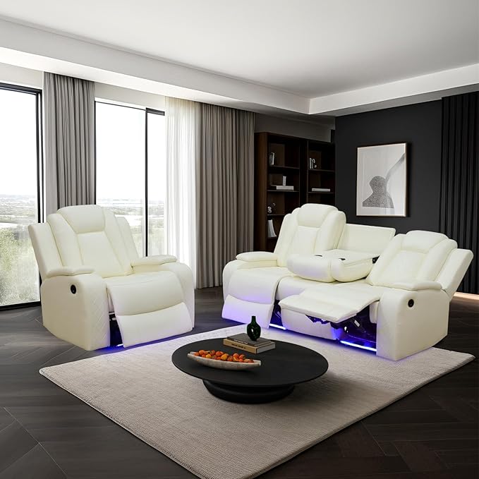 Power Leather Recliner Sofa Set with LED Light,Reclining Sofa and Chair Set with USB,Leather Couch Set for 3 Seater Couch with Coffee Table/Single Recliner 2 PCS for Living Room(White,3+1)