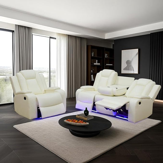 Power Leather Recliner Sofa Set with LED Light,Reclining Sofa and Chair Set with USB,Leather Couch Set for 3 Seater Couch with Coffee Table/Single Recliner 2 PCS for Living Room(White,3+1)