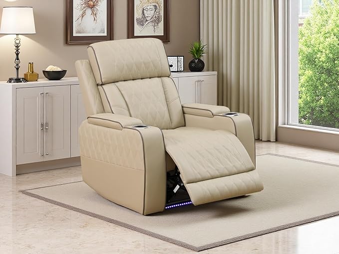 Living Room Furniture Sets, Beige Breathing Leather Power Reclining Chair, Sectional Recliner Sofa Set, Reclining Chair with Recliner Seat, Storage Console, LED Light for Living Room