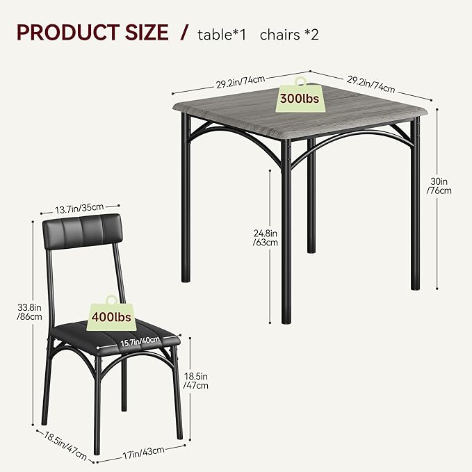3-Piece Dining Table Set for 2, Kitchen Table Set with 2 Upholstered Chairs, Square Dining Table Set for Apartment, Studio, Small Space, Gray