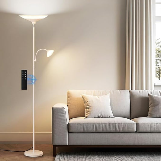 Upgraded 2-Light Torchiere Floor Lamp - 34W Color Changing Standing Lamp with Remote, Rotatable Floor Reading Light, Modern Standing Light with for Living Room Bedroom Office, White