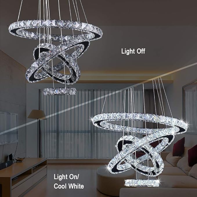 LED Chandeliers, Modern Crystal Chandelier Dining Room Living Room LED Ceiling Pendant Light 4 Rings Adjustable Stainless Steel Contemporary Chandeliers (4r Cool White)