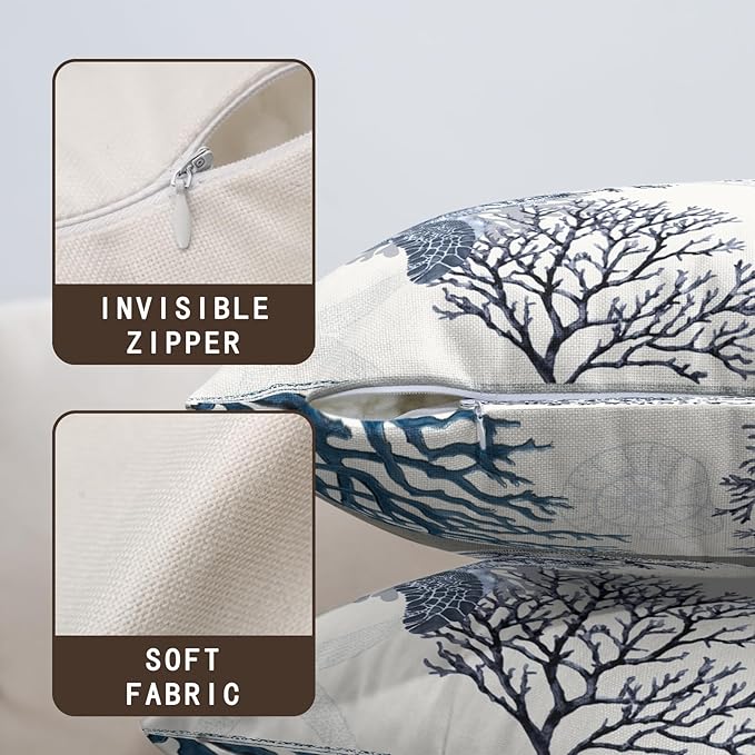 Nautical Coastal Outdoor Pillow Covers 18x18 Set of 2 Ocean Coral Sea Turtle Seashell Throw Pillow Covers Summer Beach Blue Decorative Cotton Linen Pillow Cases for Home Couch Sofa